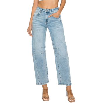 Women Fashion Light Blue Straight Fit Cropped Jeans Low Rise Denim Pants