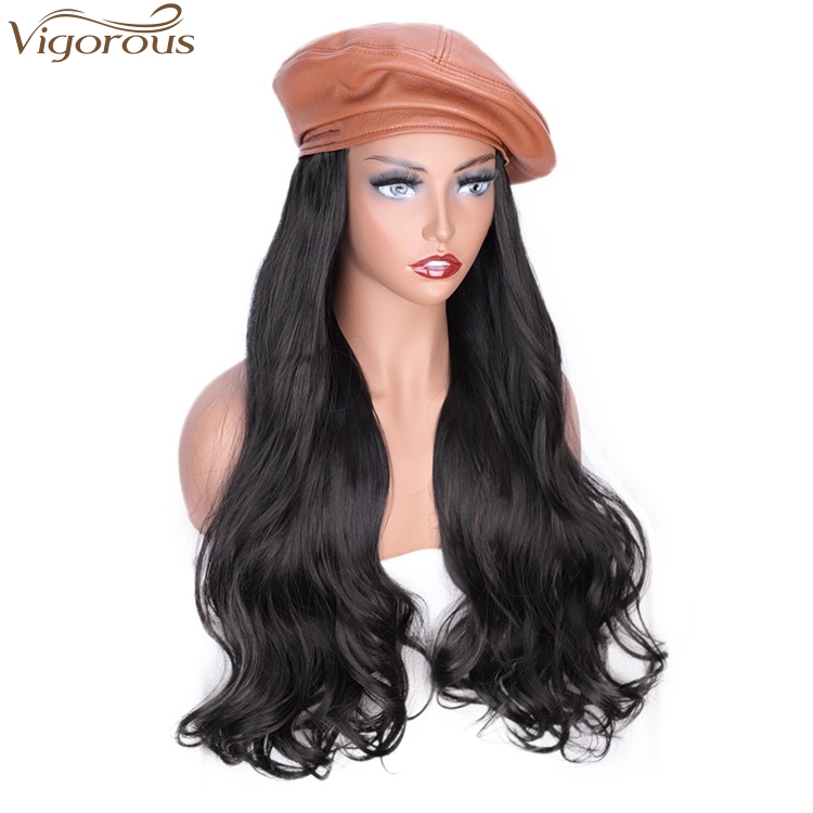 Vigorous Black Wavy Wig With Brown Hat For Women Heat Resistant Synthetic Hair Extensions hat wig