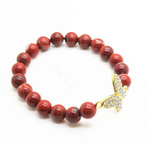 Red Jasper 8MM Round Beads Stretch Gemstone Bracelet with Diamante Butterfly alloy Piece