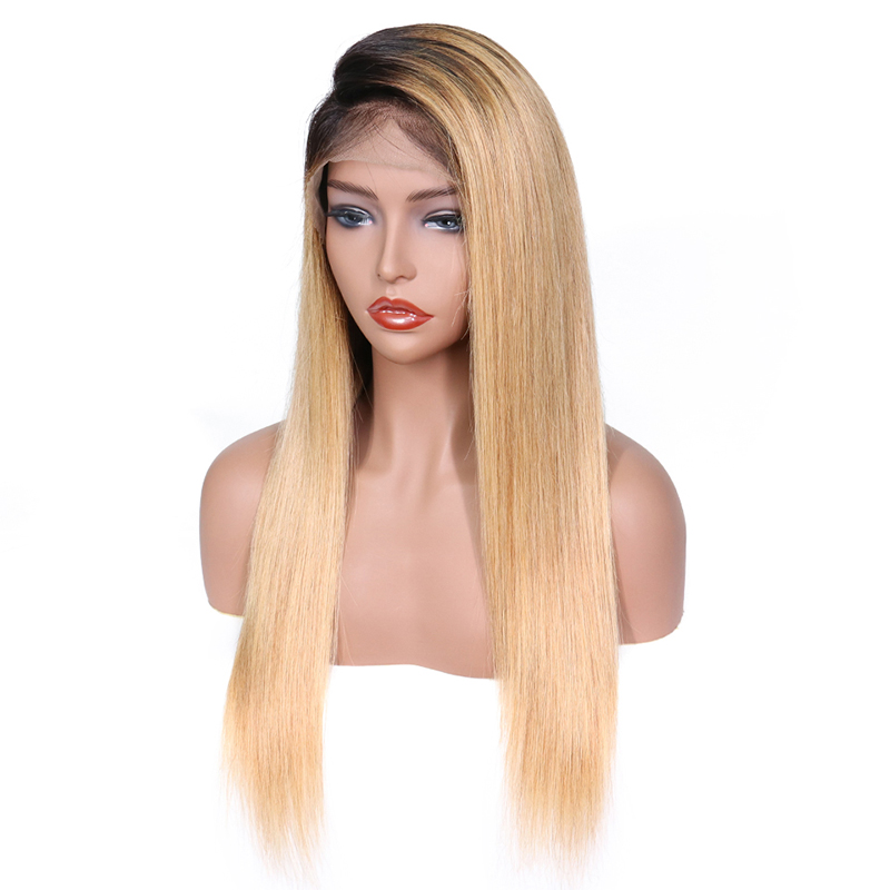 Aligned Hair Brazilian Quantity Silky Straight Style Color 1B 27 ombre Wigs, Lace Front Straight Wigs