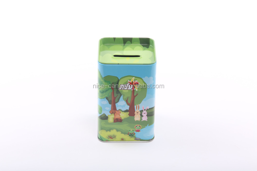 Custom design square shape coin bank tin box tin can