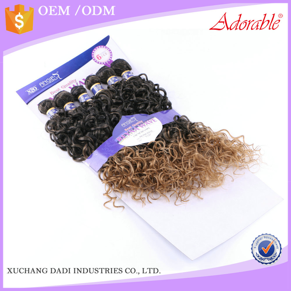 xuchang dadi factory wholesale reyna wave 6pcs synthetic hair weaving,ombre color double weft synthetic hair extensions