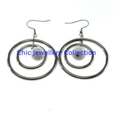 Women Double Multilayer Rings Pendant Fish Hook Dangle Earrings, E060 Fish Hook Earrings With White Stone