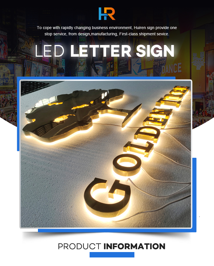 Customized illuminated logo stainless steel golden mirror face backlit letter electronic 3d led sign