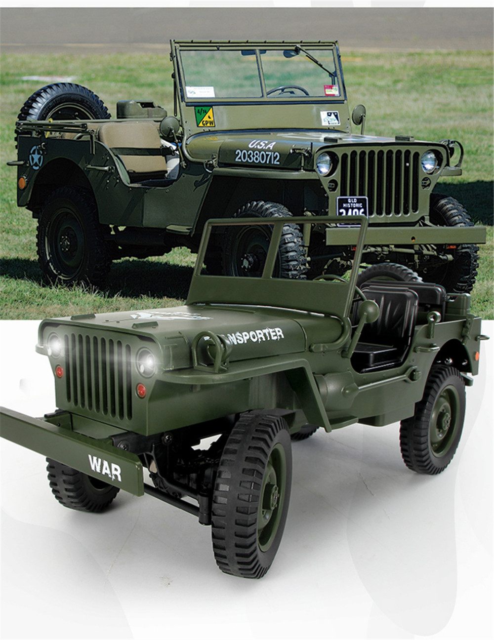 JJRC Q65 1:10 RC Car 2.4G 4WD Convertible Remote Control Light Jeep Four-Wheel Drive Off-Road Military Climbing Car Toy Kid Gift