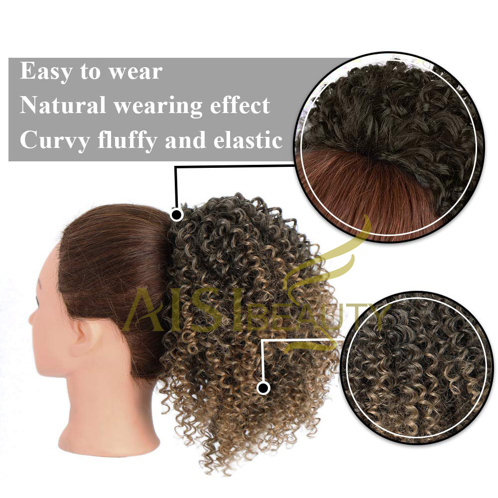 Aisi Beauty Hotselling Wholesale Ombre Brown Afro Fluffy Puff Hairpiece Extension Messy Donut Curly Afro Kinky Afro Hair Bun