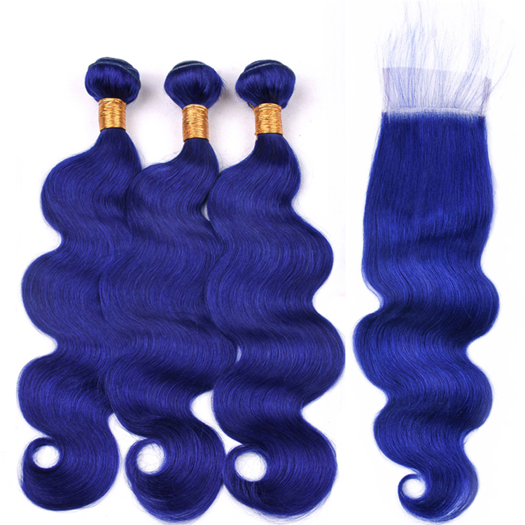 Royal Navy Blue Colour 100% Peruvian Body Wave Human Hair Weave Bundles With Lace Closure, Dark Blue Virgin Sew In Hair Weaving