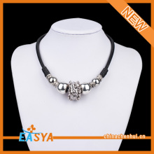 Thick Black Leather Chain Silver Plating Beads Necklace