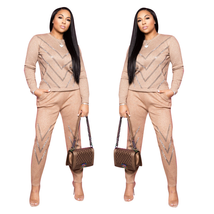 C0479 2020 Fashion women outfit two piece set diamond pullovers 2 piece tracksuit set