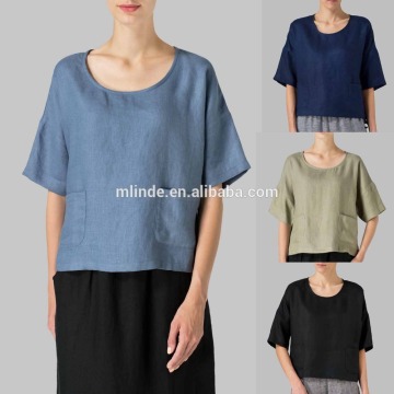 Custom OEM ODM Private Label Apparel Manufacturer Factory Sewing Line Woman Pocket Half Sleeve Cropped Linen Tops