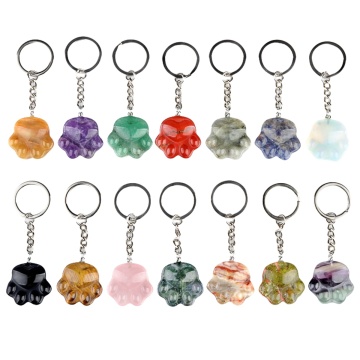Gemstone Cat Paw Crystal Carving Keychain Natural Amethyst Tiger Eye Cat Claw Key Ring Stainless Steel Keyring