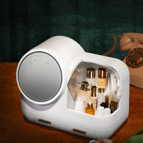 Ventilador e espelho de maquiagem com iluminação ajustável giratório 360 °