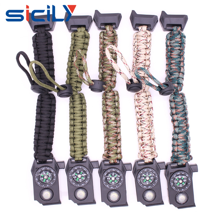 Wholesale woven paracord survival bracelet with fire starter buckle led