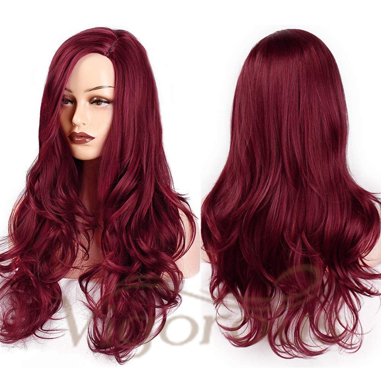 Vigorous Wholesale Cheap Side Part Burgundy Heat Resistant Fiber Body Wave Machine Made For Black Women Synthetic Hair Wigs