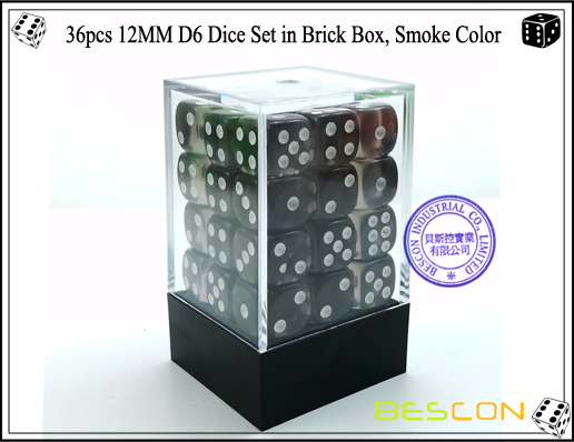 36pcs 12MM D6 Dice Set in Brick Box, Smoke Color 36pcs 12MM D6 Dice Set in Brick Box, Smoke Color