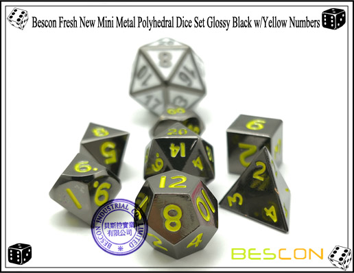 Bescon Fresh New Mini Metal Polyhedral Dice Set Glossy Black with Yellow Numbers-7