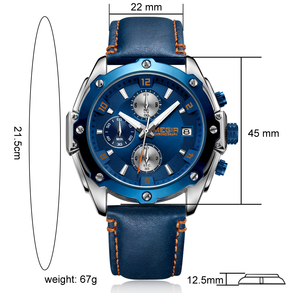 MEGIR 2074 Men Quartz Movement Wristwatches Fashion&Casual Auto Date Leather Band Alloy Case