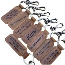 Custom Engraved Luxury Cowhide Leather Keychain with Gold Ring for Christmas Gifts