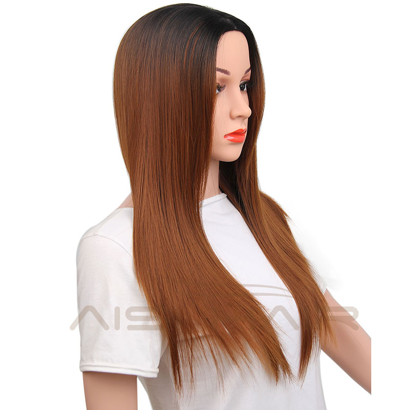 Aisi Hair Long Silky Straight Wave Ombre Brown Dark Root Wig Natural Wave Heat Resistant Synthetic Fiber Wigs For Black Women