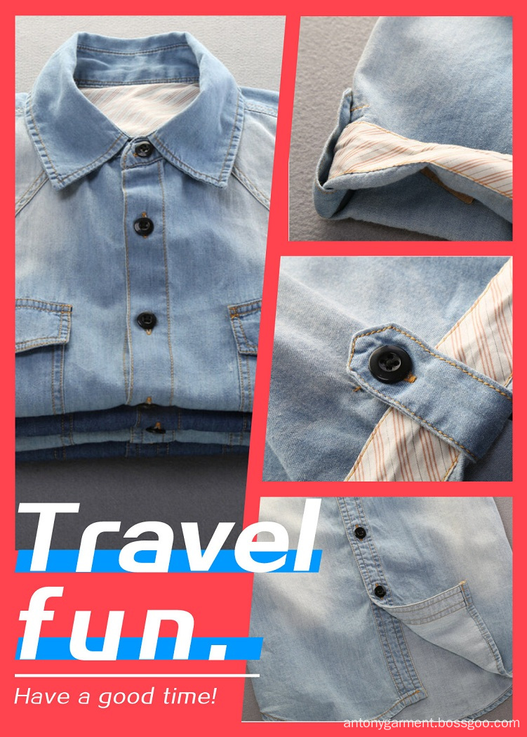 Men's short sleeve denim shirt with sleeve tab