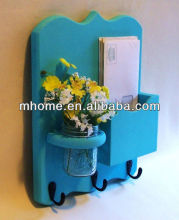 Beautiful and cheap wooden distressed finished wall mail and key organizer with 3 hooks