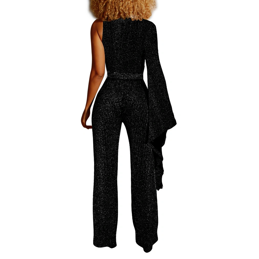 Trending Stylish 2021 Spring Deep V Neck Jumpsuit Wide Leg Pants Womens One Sleeve Bling Rompers