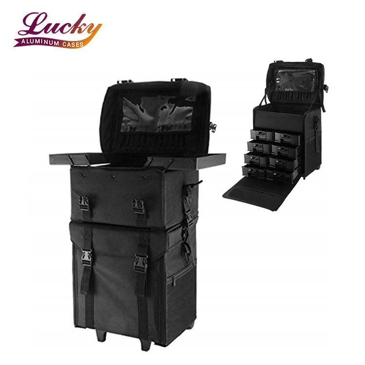 2-in-1 Soft Sided Professional Rolling Trolley Makeup Artist Cosmetic Case Hair stylist bag Black Nylon