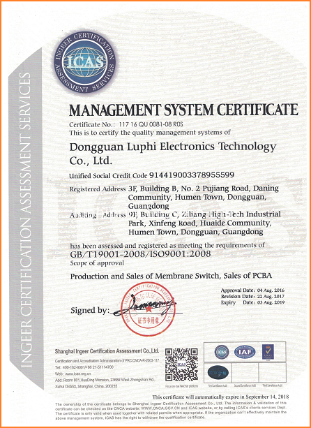 LUPHITOUCH ISO9001 Certificate