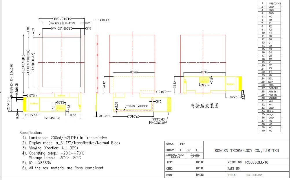 Rg035qll-10 3.5inch IPS TFT Transflective Display Sunlight Readable LCD Screen