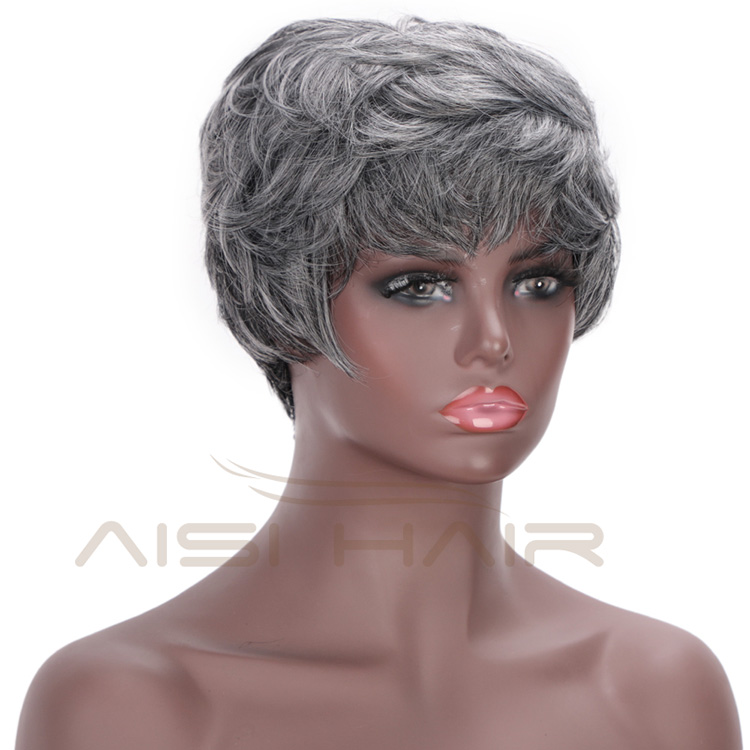Aisi Hair Synthetic Ombre Grey Hair Bob Style Short Wigs for Women Black Cosplay Short Wigs with Neat Bangs