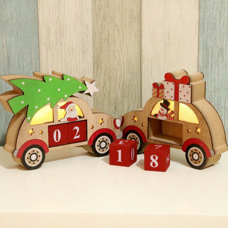 Desktop Perpetual Calendar Car Shape Glowing Calendar Christmas Luminous Ornaments Calendar Wooden Calendar Decor