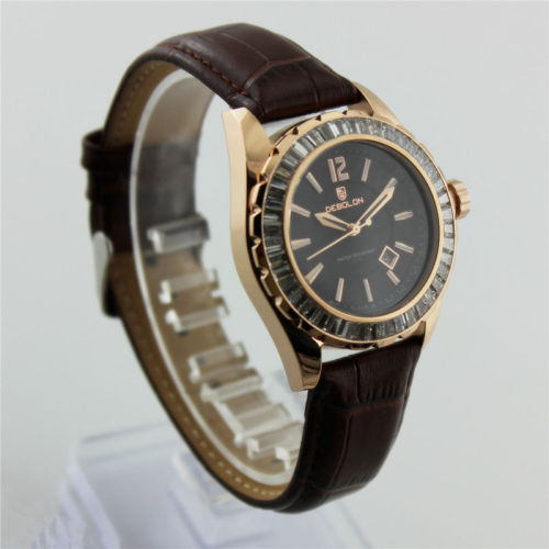 50m Waterproof New Wrist Watch , Genuine Leather Band And White Diamond 