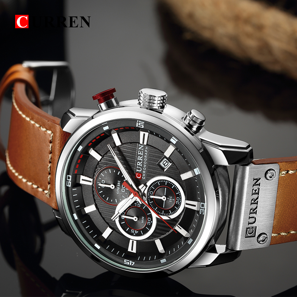 Curren 8291 Hot Sale Men Quartz Watch Chronograph Wristwatch Sports Military Leather Strap Waterproof