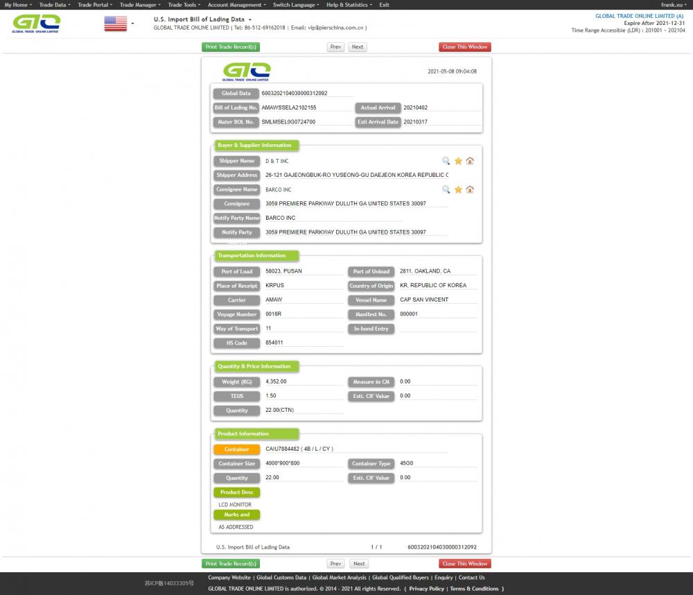 LCD Monitor USA Import Data Sample