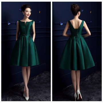 short satin low back open party dress dark green