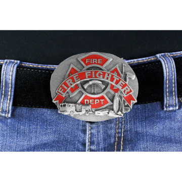 Lead & Nickel Free Fire Fighter Emblem Pewter & Fire Engine Red Enamel Belt Buckle