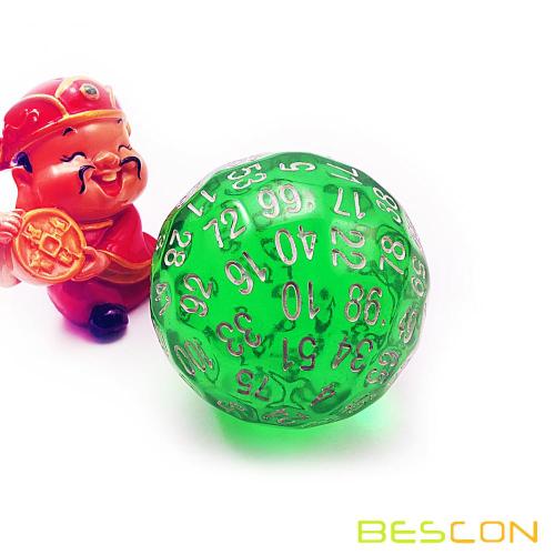 Bescon Translucent Green Polyhedral Dice 100 Sides, D100 dice, 100 Sided Cube, Transparent D100 Game Dice