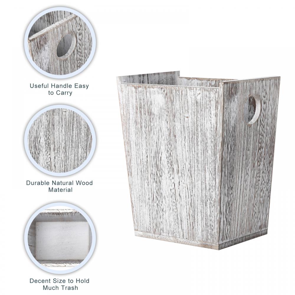 Rustic Grey Wood Waste Basket With Handle