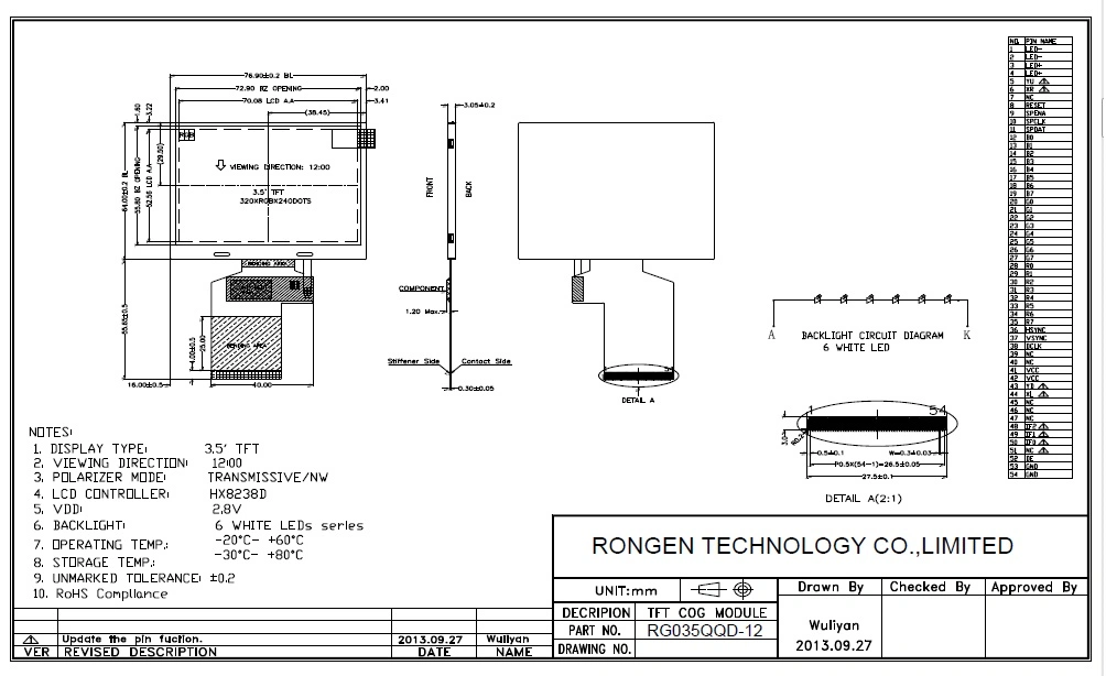 3.5inch 320*240 TFT LCD Display 54pin