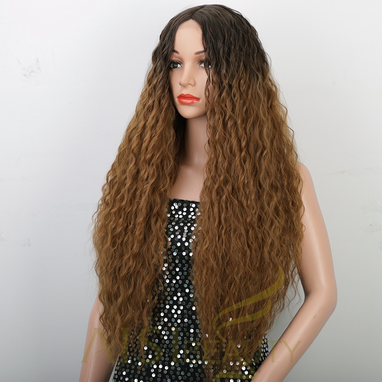 Good Quality Cheap Price Natural Hairline Swiss Lace Ombre Black Brown Long Fiber Kinky Curly Synthetic Hair Wigs
