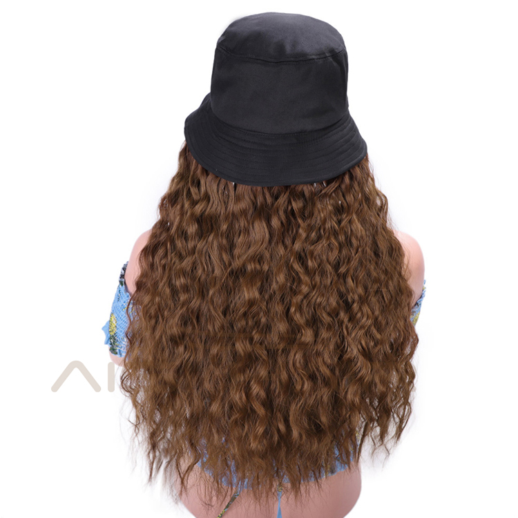 Aisi Hair Long Water Wave Outdoor Hat Knit Slouchy Party Hat Synthetic Light Brown Fiber Hair Extension With Black Cap For Women
