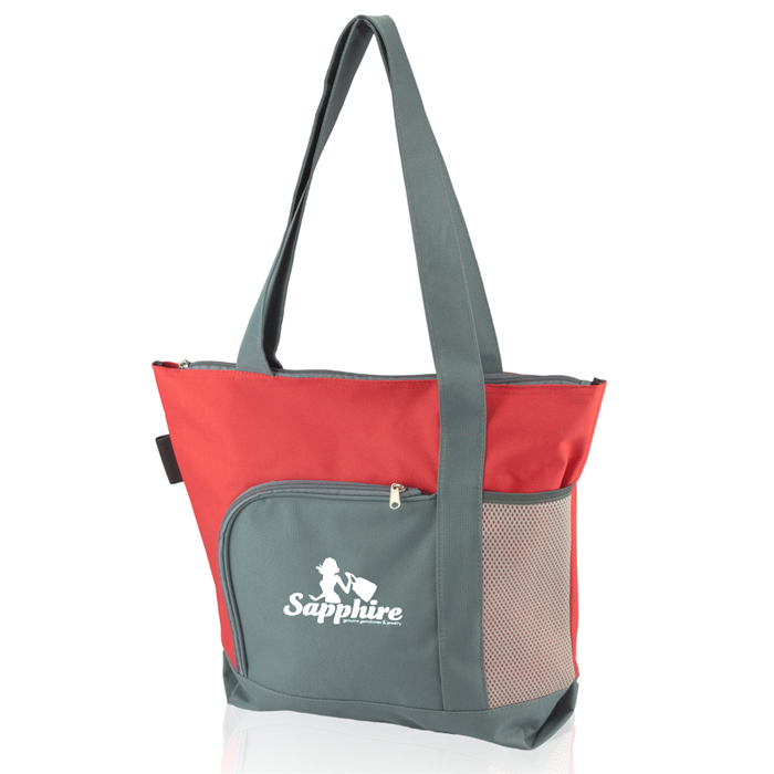 Sortie commerciale personnalisée Promotionnel 600D Polyester Canvas Tote Sac fourre-tout à fermeture éclair à deux tons avec logo imprimé personnalisé