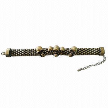 Unique Antique Brass Metal Chain Bracelet, Decorated with Skulls, Customized Designs are Accepted