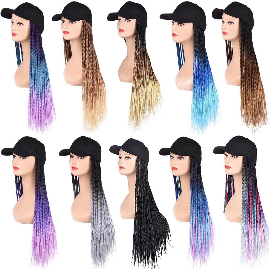 Long Rainbow Synthetic Braiding Hair White Black Baseball Cap Ombre 3X Box Braids Hair With Baseball Cap Hat Wigs