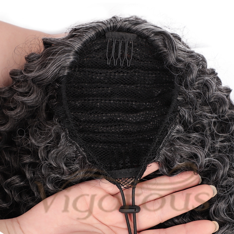 Vigorous Top Quality Cheap Supplier Kinky Curly Ombre Grey Updo Puff Hair Piece Drawstring Synthetic Ponytail Hair Extension