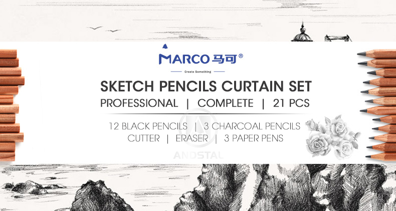 Andstal Andstal 21pcs Professional Sketch Drawing Value Pack Set with Black Pencils Charcoal Pencils art tool kit Graphite Pencils