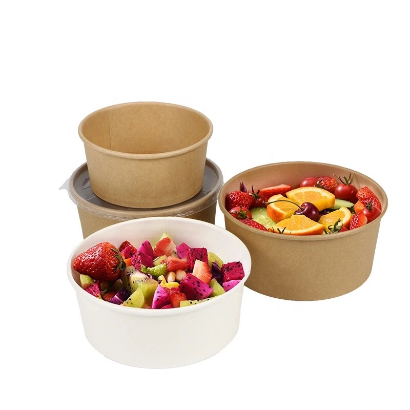 Customized 500ml Disposable Takeaway Salad Round Container Kraft Paper Bowl with Lid