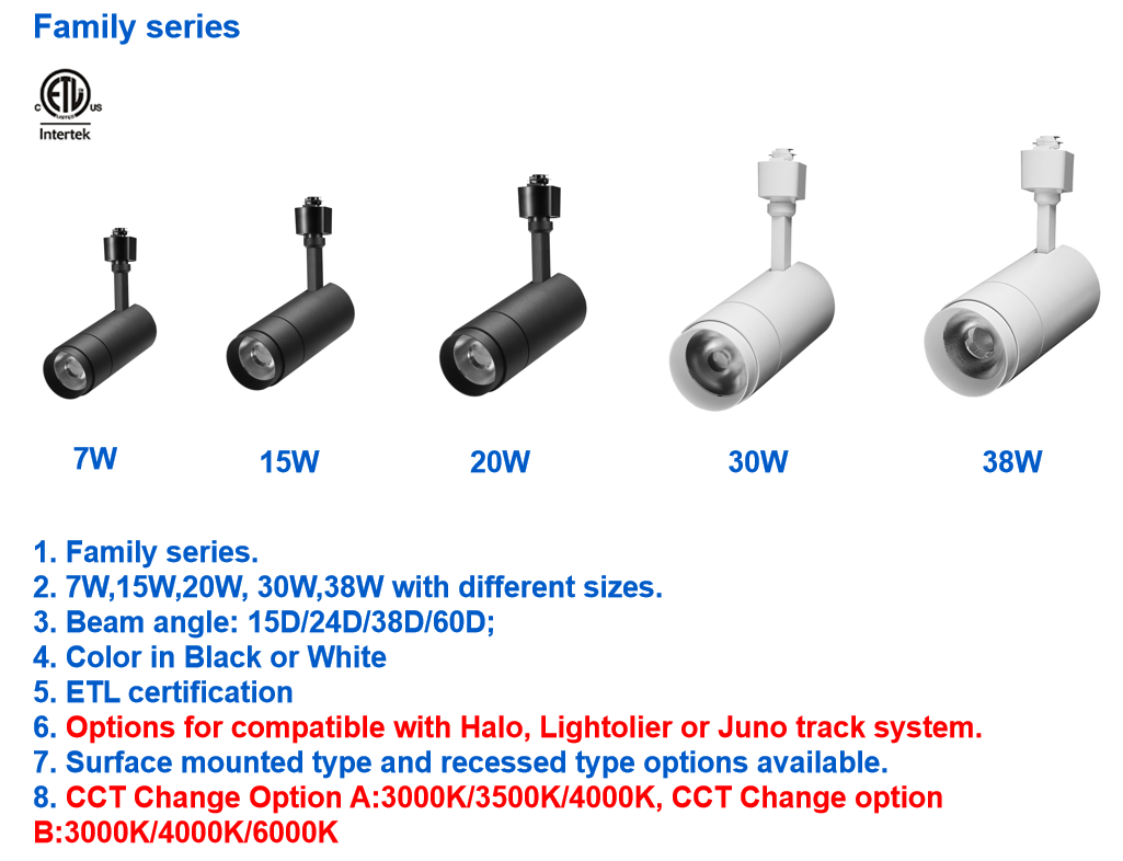 Daytonled Family Series ETL CETL Cert CRI90 H-type J-type L-type 7W 15W 20W 30W 38W CCT Change Led Track Head
