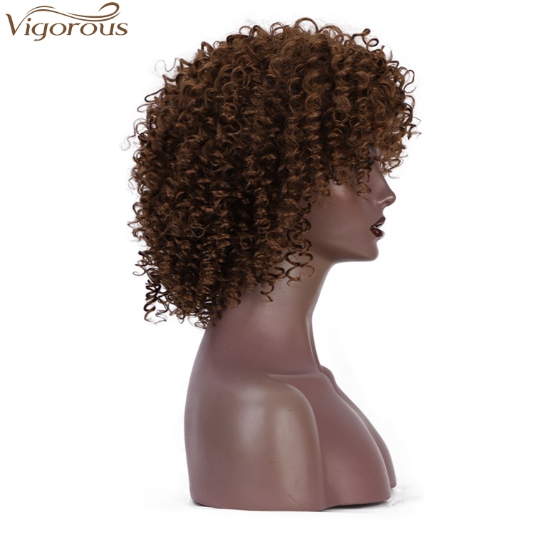 Vigorous 14 inches Afro Kinky Curly Wig With Bangs Synthetic Wig Short Brown Color Wigs for Black Women High Temperature Hair