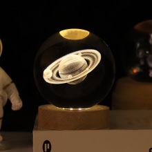 3D Saturn Planet Crystal Ball Night Light with Wooden Base